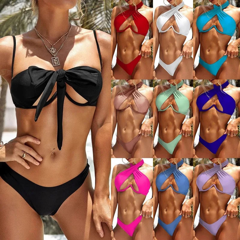 Sexy Bikini Women Cross Halter Underwire Swimsuit Split Push Up Bikini Set Female Bathers Swimming Summer Beachwear Bathing Suit