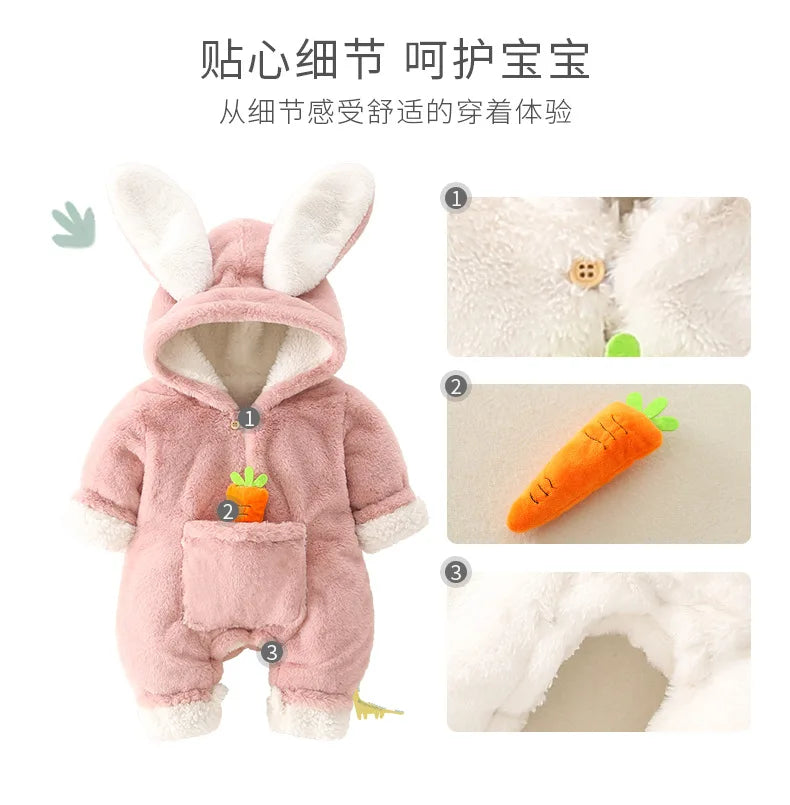ZOETOPKID Baby Rompers Winter Warm Coral Fleece Newborn Boys Girls Clothes Cartoon Rabbit Coats Infant Jumpsuit Animal Overalls