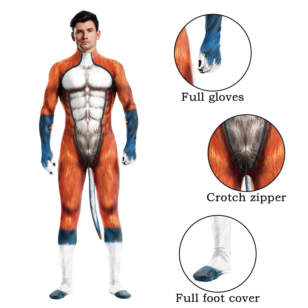 Halloween Cosplay Costume Male Adult Full Cover Elastic Zentai Pet Suit Jumpsuit Print Catsuit Bodysuits with Tail Purim Clothes