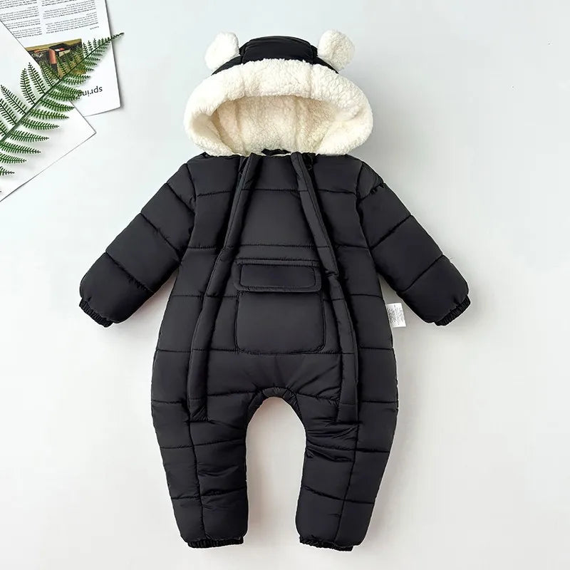 Winter New Baby Boys Girls Bodysuit Solid Color Lining Plush Thick Warm Hooded Jumpsuits For 6M-30M Kids Cotton Romper Snowsuit