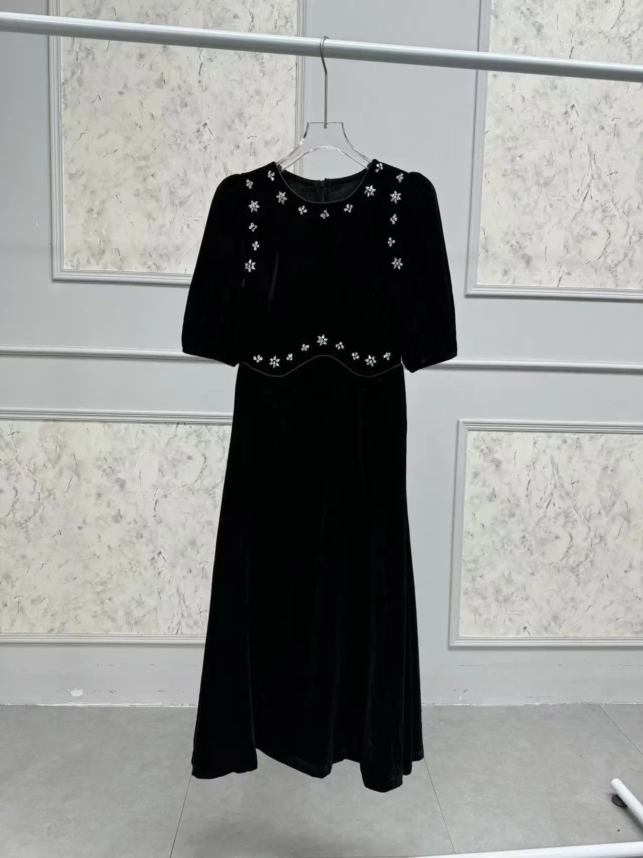 Handmade Nail Beaded Women Velvet Midi Dress Puff Sleeve Slim Waist Female Elegant Evening Dresss Spring Summer