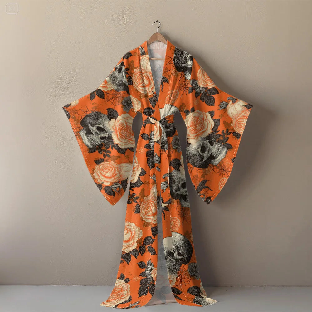 Halloween Sexy V-Neck Robe with Ghost Print High Slit & Bat Sleeves Kimono - Women's Party Costume Funny Cool Cosplay Wear