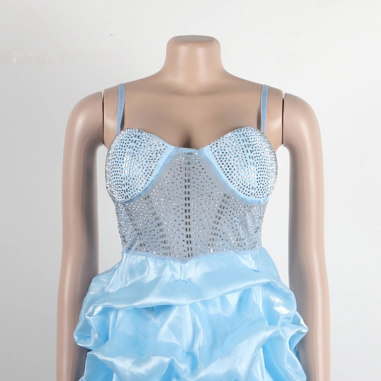 HBLL Sexy Rhinestone Bodycon Ruched Puff Suspenders Dresses Women Sheer Mesh Birthday Party Night Clubwear Summer Dresses Robes