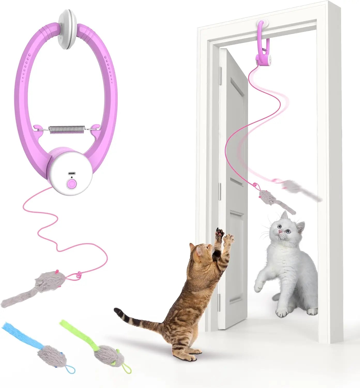 Interactive Cat Toys for Indoor Cats, Smart USB Rechargeable Door Hanging retractable cat toy, with 3 Catnip Mice, for Bored Cat