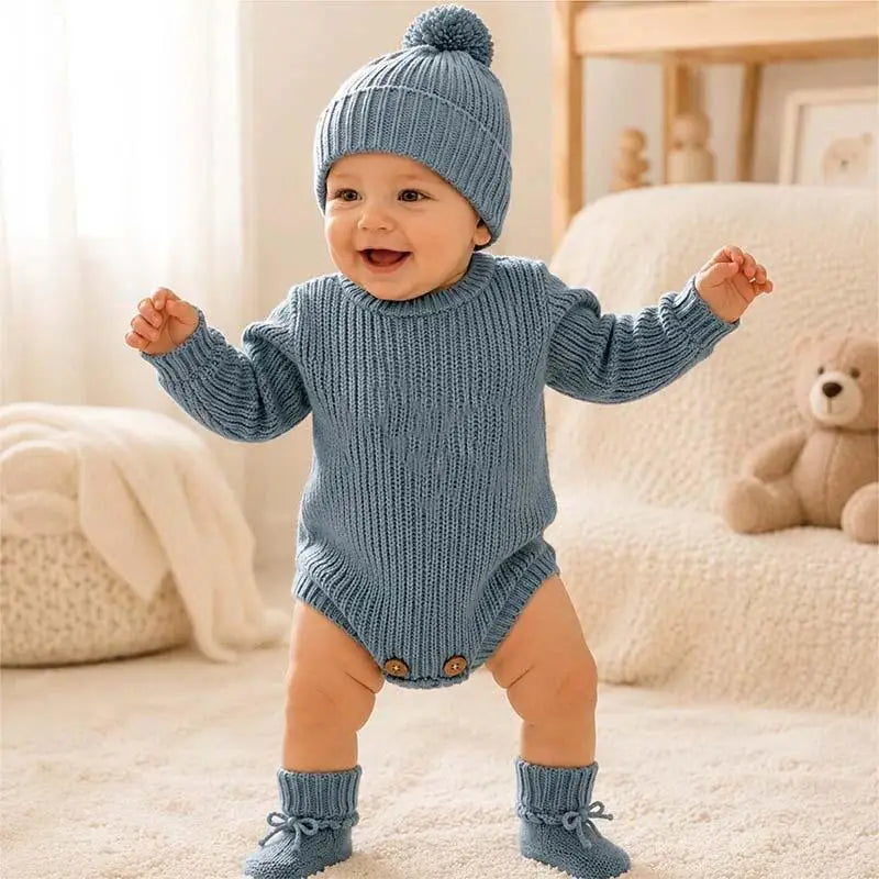 Autumn Baby Knitted Romper Headband Hat Socks Set 3Pcs Solid Color Newborn Outfit Cotton Warm Infant Shower Clothing Gifts