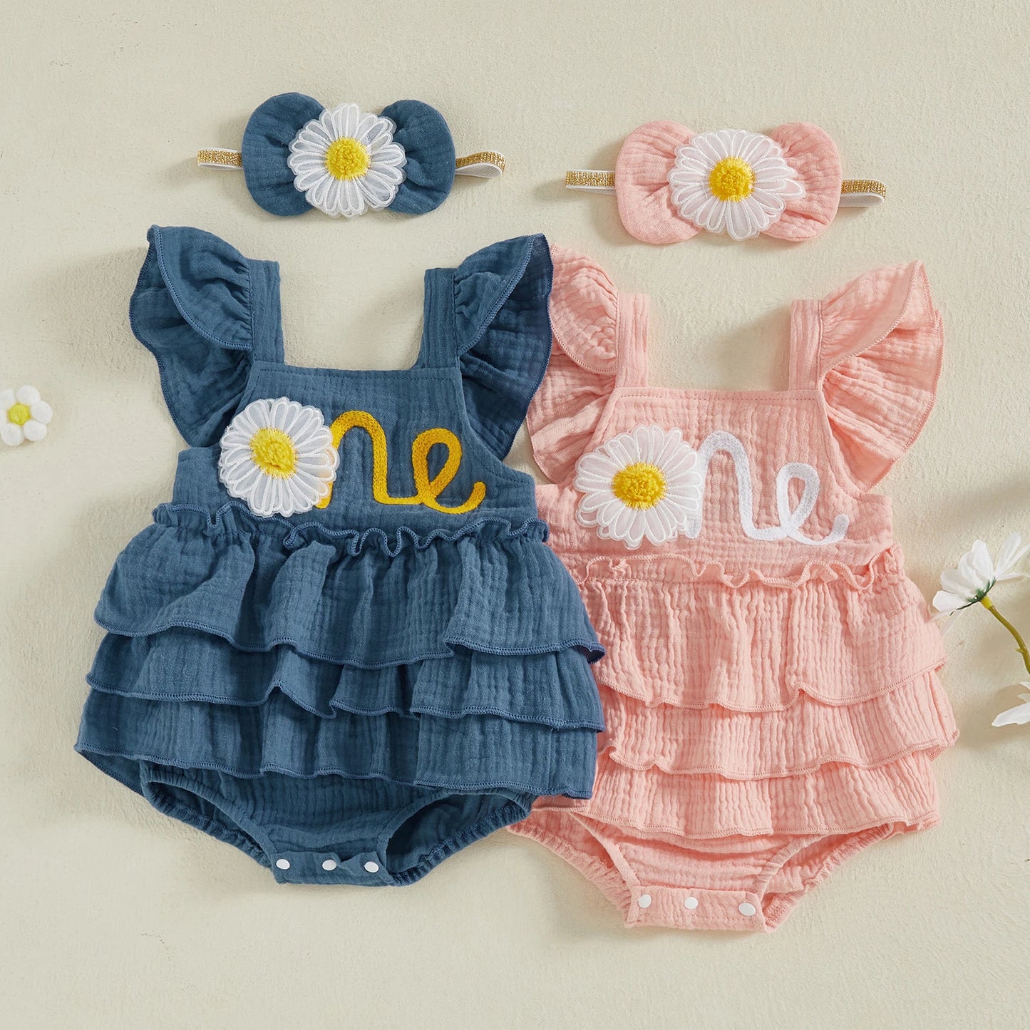 Newborn Baby Girls 1st Birthday Romper Dress Summer Cute Daisy Letter Embroidery Fly Sleeves Ruffles Jumpsuit and Headband Set