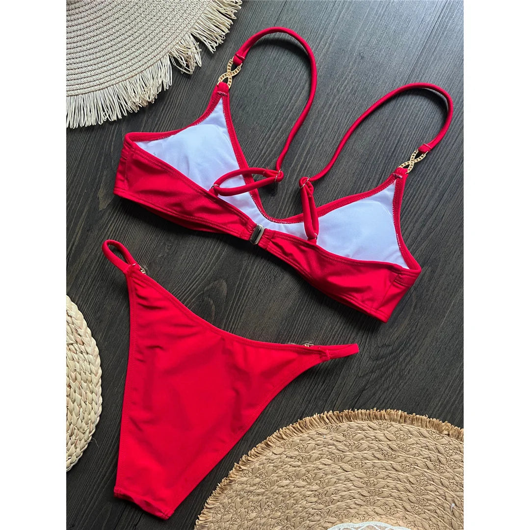 10 Colors V Neck Rhinestones Bikini Female Swimsuit Women Swimwear Two-Pieces Bikini Set Padded Bather Bathing Suit Swim V8138