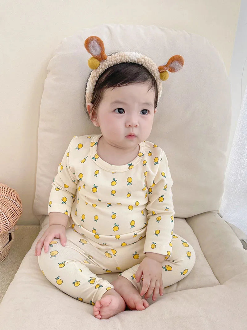  Fall Baby Pajamas Set 0-3Y Girls Lemon Printed Sleepwear 2Pcs Infant Boys Underwear High Waist Belly Protection Home Clothes