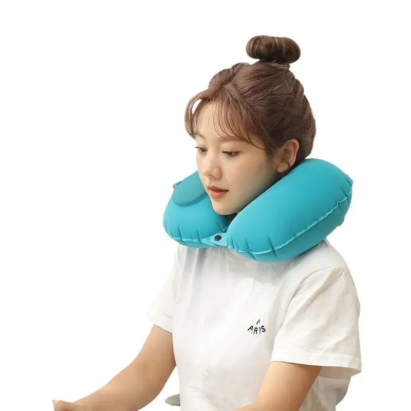 Portable Flocking Inflatable Neck Pillow Foldable Self Filled Travel Cushion Business Trip Camping Outdoor Accessory