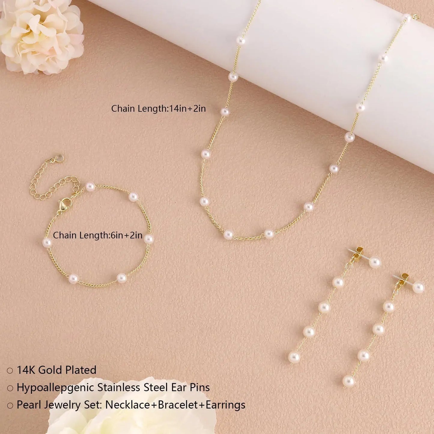 Minar Classic Imitation Pearl Jewelry Sets for Women 14K Real Gold Plated Brass Chain Strand Chokers Necklaces Bracelet Earrings