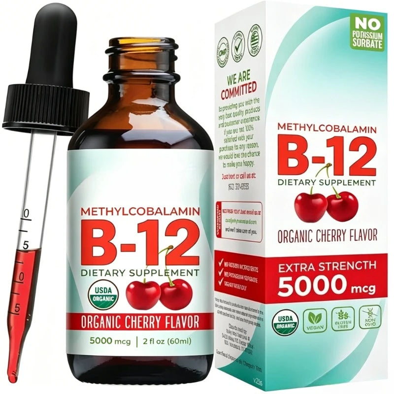 Methylcobalamin B12 5000mcg Daily Energy Vitality Support Organic Cherry Flavor Liquid Drops 60ml