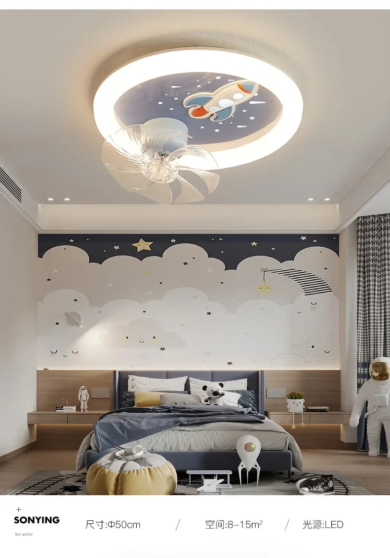 Modern Kids Room Ceiling Fan Light Cartoon Moon Astronaut Ceiling Lamp Boy Girl Bedroom Nursery Study Chandelier Ceiling Lights