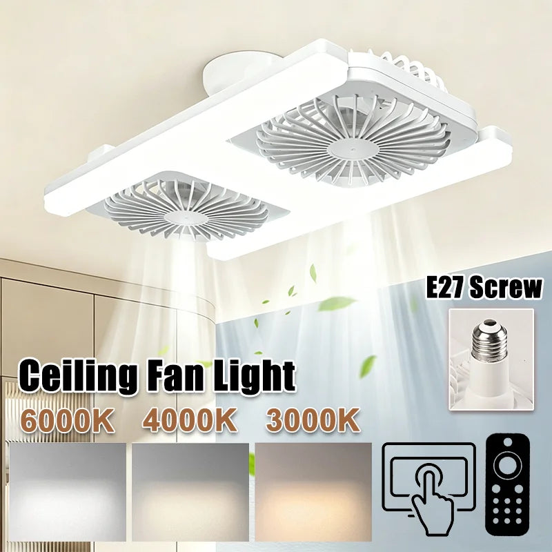 3000K-6000K E27 Ceiling Fan Light with Remote Control Dimming Speed Control Dual Head Fan for Air Circulation Silent Fan Light