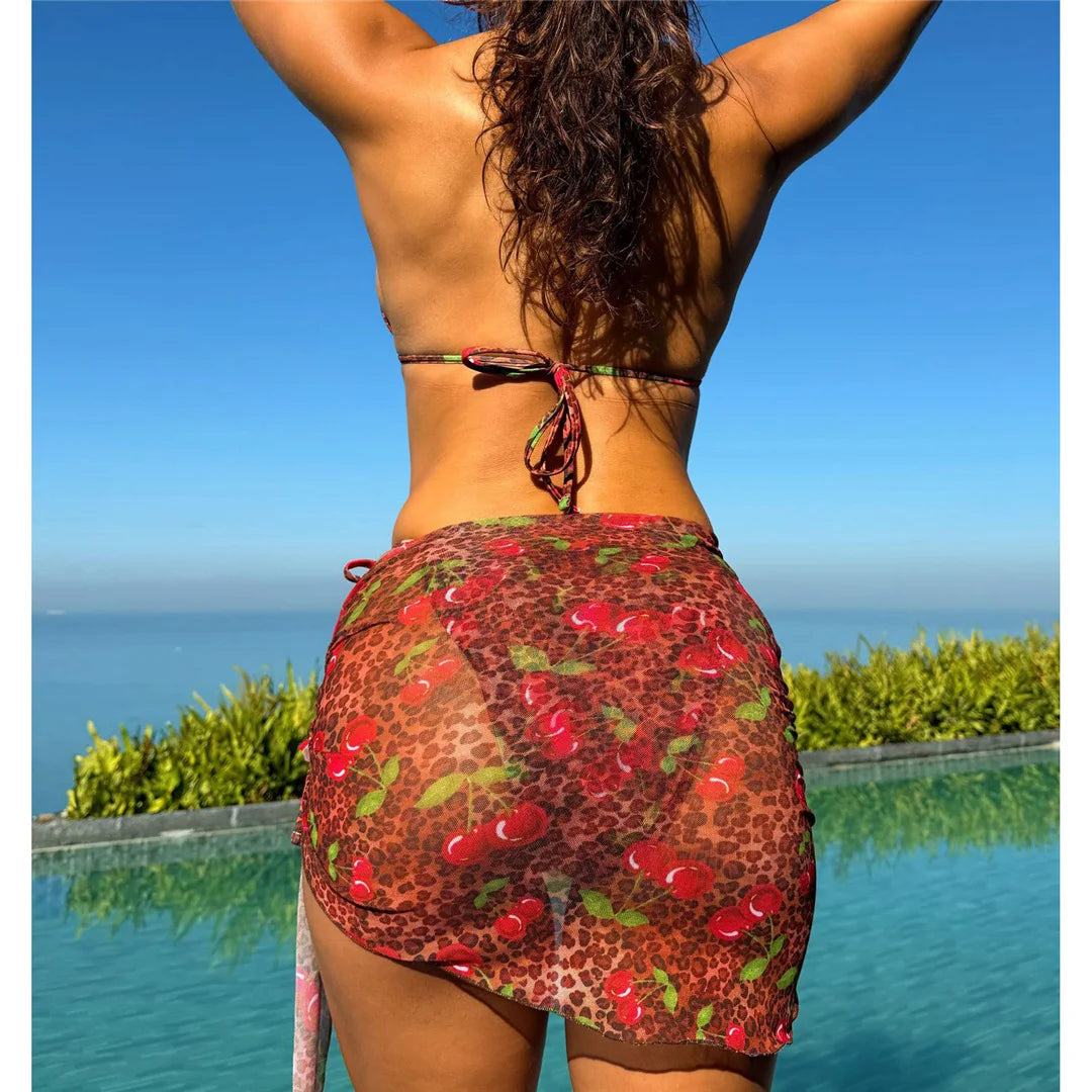With Sarong Leopard Printed Bikini Women Swimwear Female Swimsuit Three-Pieces Bikini Set Halter Bather Bathing Suit Swim V7900