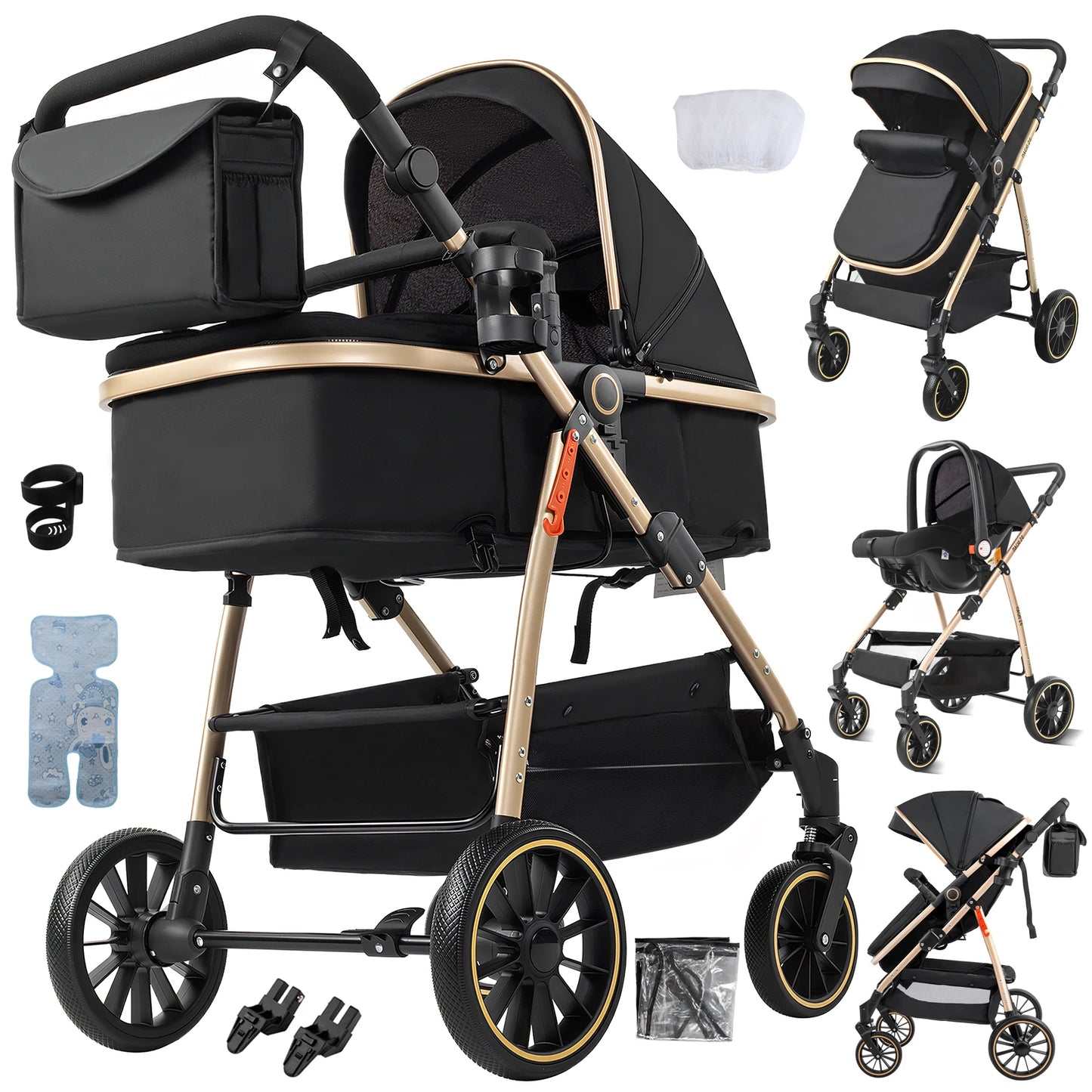 3-in-1 Baby Stroller with Bassinet & Car Seat Mode, 5-Point Harness, One-Hand Fold & Lightweight Design for Compact Storage