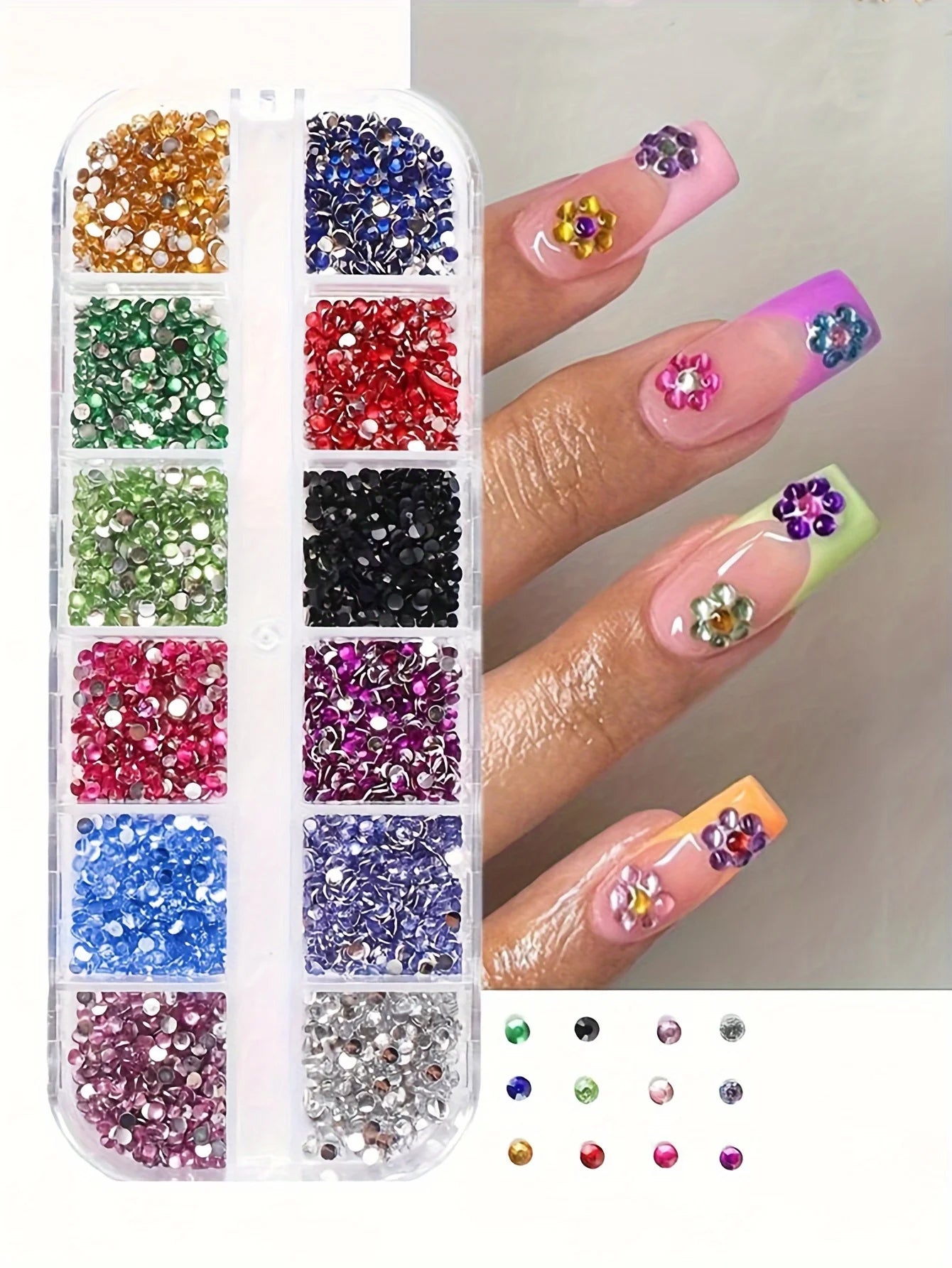 12 Grid Shimmering Crystal Nail Art Rhinestones - Flatback Gemstones for Versatile Decoration - Adorns Nails Shoes Makeup Bags