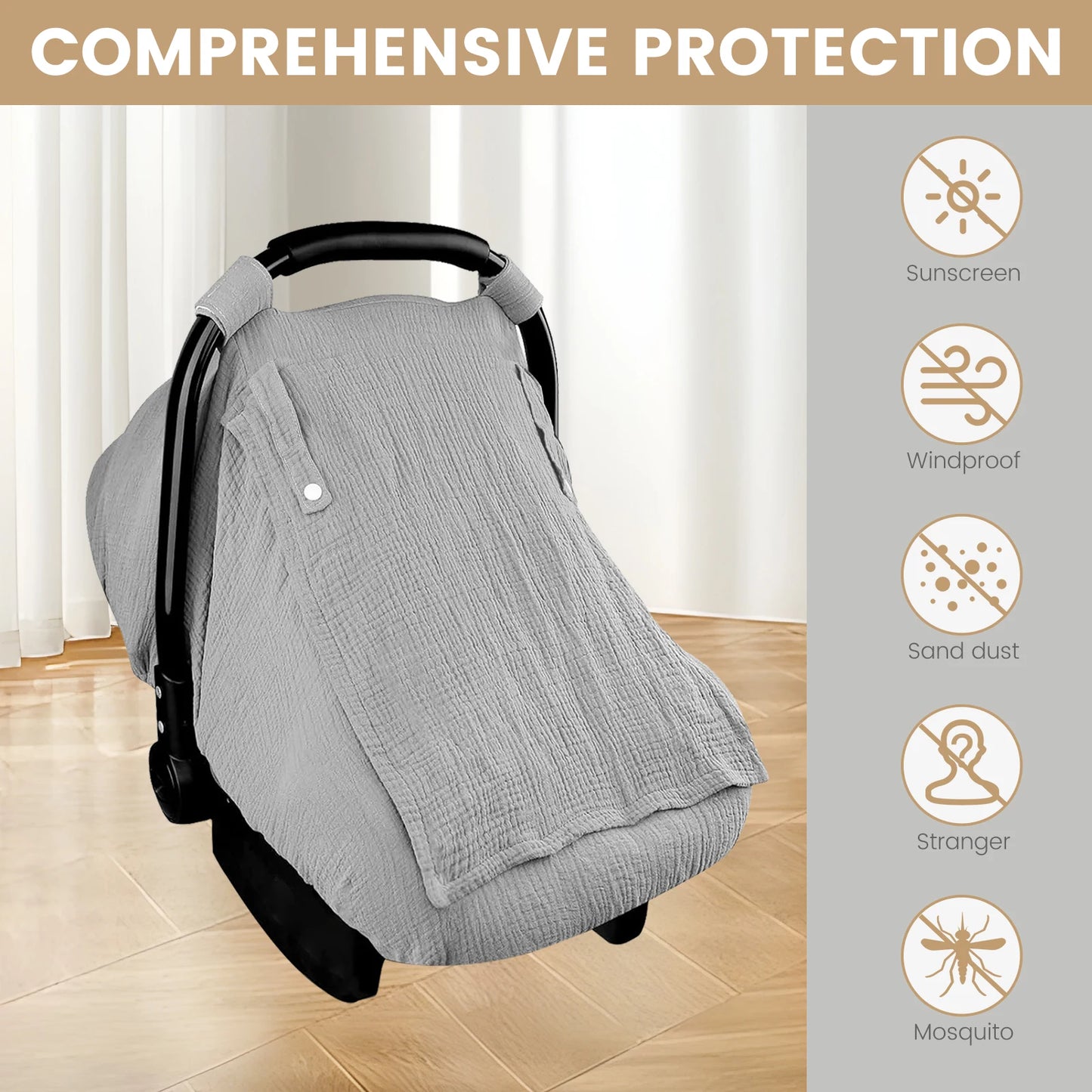 Baby Car Seat Cover Universal Baby Stroller Accessories 3 Modes Windproof Infant Carrier Canopy with Two Way Zipper for Travel