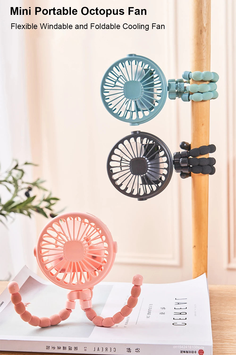 Portable Clip Fan Mini Stroller Fan USB Rechargeable Baby Stroller Octopus Fan 360° Rotate Outdoor Tripod Fan Small Clip Fan