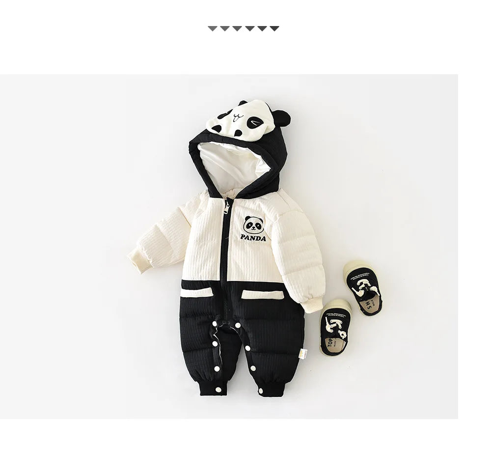 2024 Winter Baby Long Sleeve Warm Hooded Romper Cute Panda Print Newborn Plus Velvet Thick Jumpsuit Infant Girl Boy Warm Clothes
