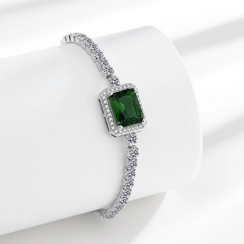 925 Sterling Silver Bracelet, Square Imperial Green Zircon Adjustable Size, Luxury Elegant Jewelry Bracelet For Men And Women