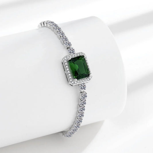 925 Sterling Silver Bracelet, Square Imperial Green Zircon Adjustable Size, Luxury Elegant Jewelry Bracelet For Men And Women