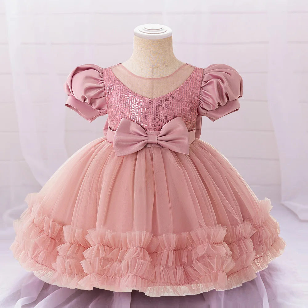 Toddler Sequin Baby Girl Party Dresses Bow Princess Dresses for Girl 1st Birthday Baptism Baby Dress Tutu Lace Wedding Prom Gown