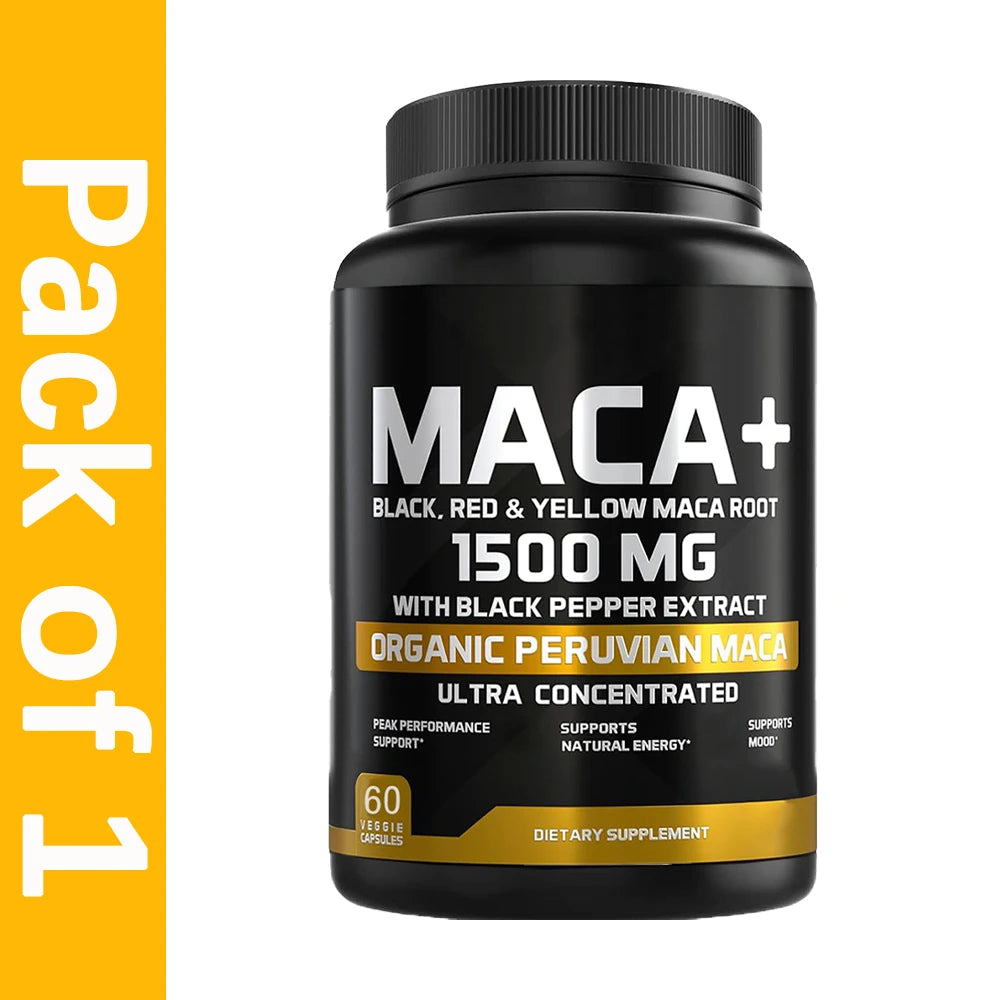 1500mg Organic Maca Root, Black, Red & Yellow - 60 Capsules - Black Maca Root Capsules for Men Supplement - Non-GMO, Gluten-Free