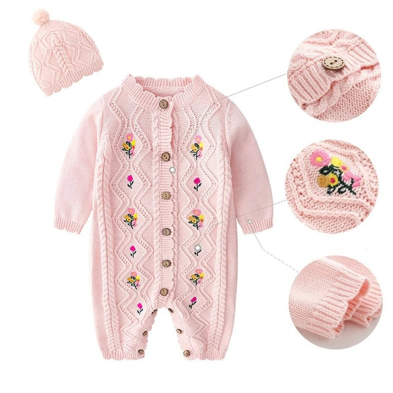 0-24M 100% Cotton Newborn Flower Baby Girl Romper Sweater Winter Clothes Knit Thick Warm Floral Embroidery Jumpsuit Outfit