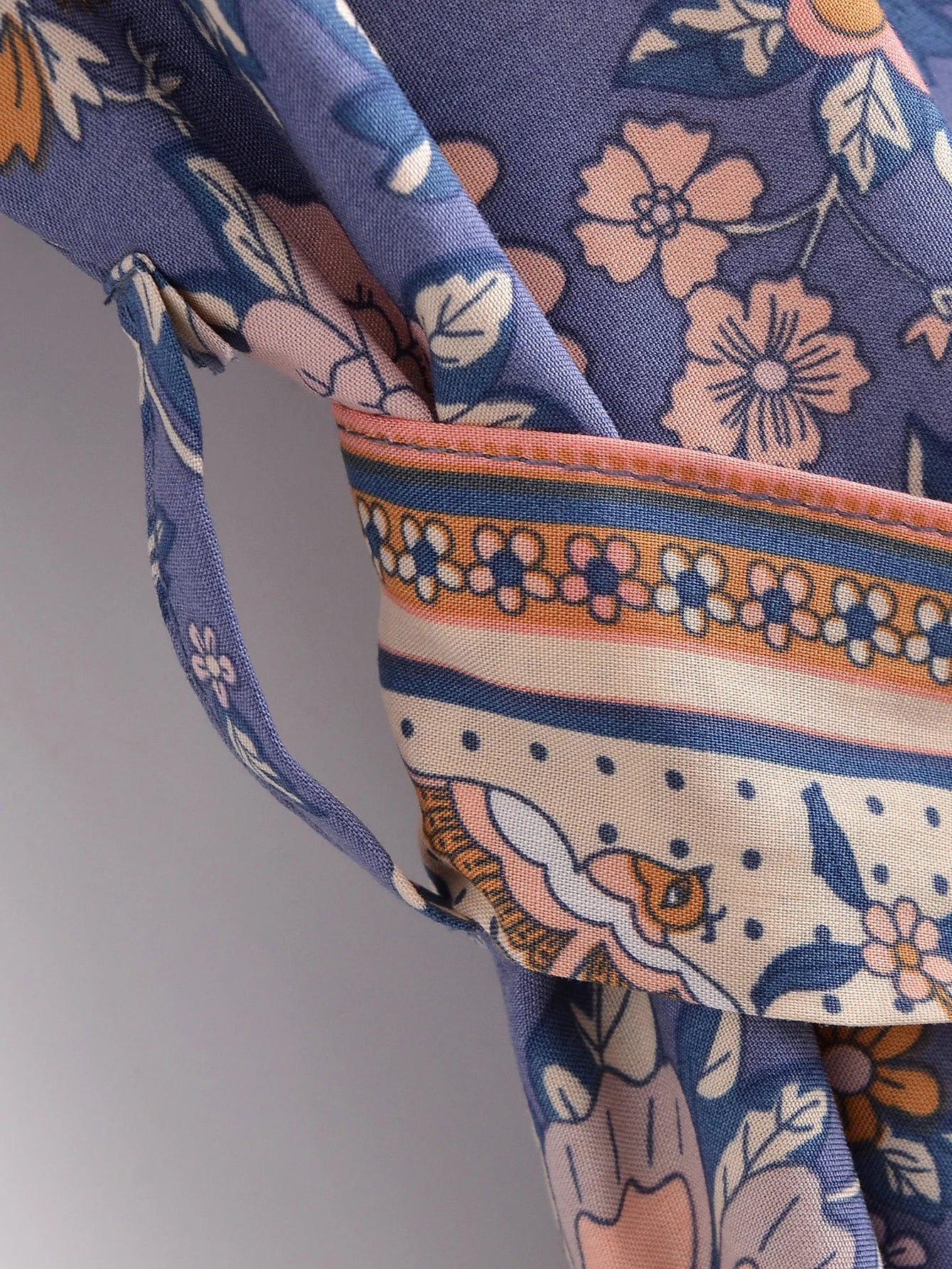 BOHO Women Blue With Pink Flower Print Kimono Shirt Holiday Tide Bow Sashes Mid Long Cardigan Summer Blouse Beach Cape