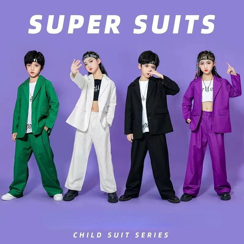 Kids Hip Hop Dance Costume Boys Girls Blazer Pants Set Streetwear Outfit for Stage Performance Competition Jazz Dance Photoshoot
