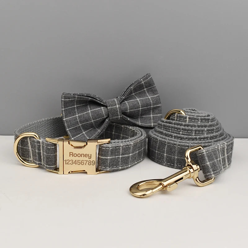 Plaid Dog Collar Designer With Bow Tie Custom Dog Accessories Luxury Pet collar leash set