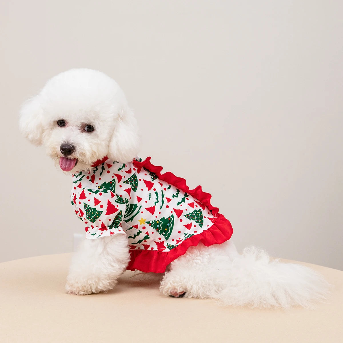 Pet Christmas Dress Xmas Tree Printed Ruffle Skirt Puppy Holiday Outfit Cute Pet Party Costume for Small Medium Dogs Cats Teddy
