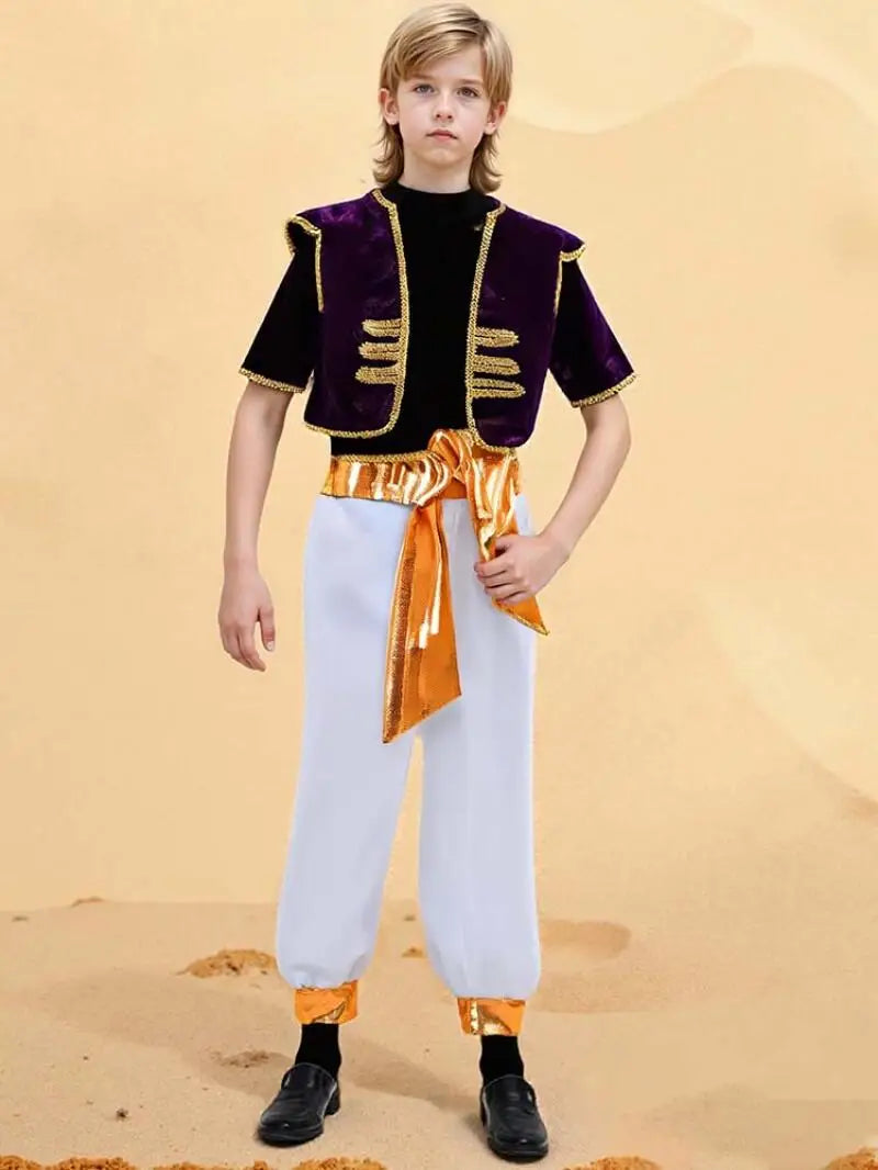 Boys  Arabian Prince Costumes Suit Halloween Party Stage Performance Outfits Kids Vest Pants Belt Street Wear Clothes