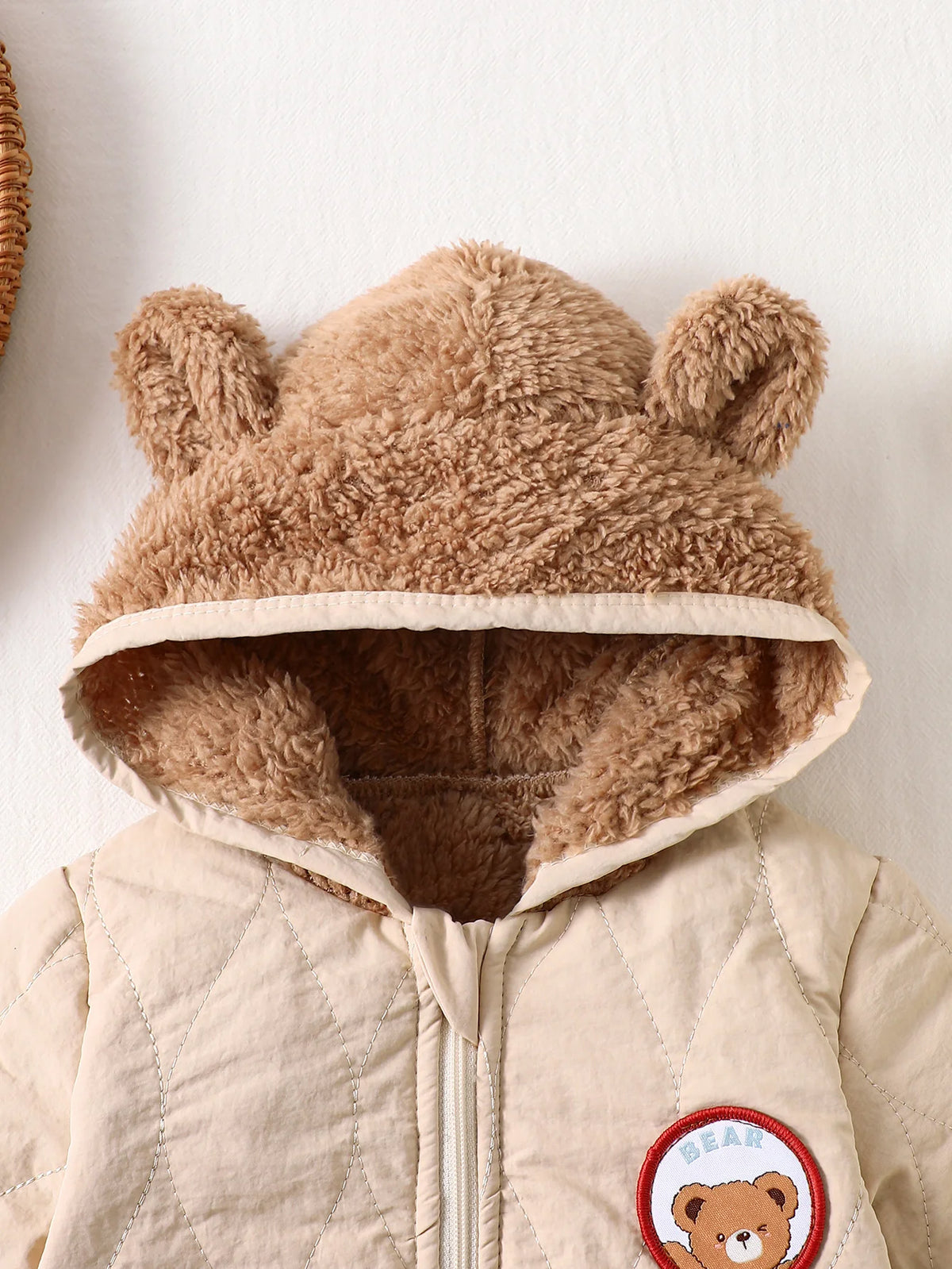 IURNXB Cute Bear Ear Hooded Baby Winter Romper Warm Fleece Patchwork Zipper Jumpsuit for Newborn Infant Outdoor Wear 1-18M