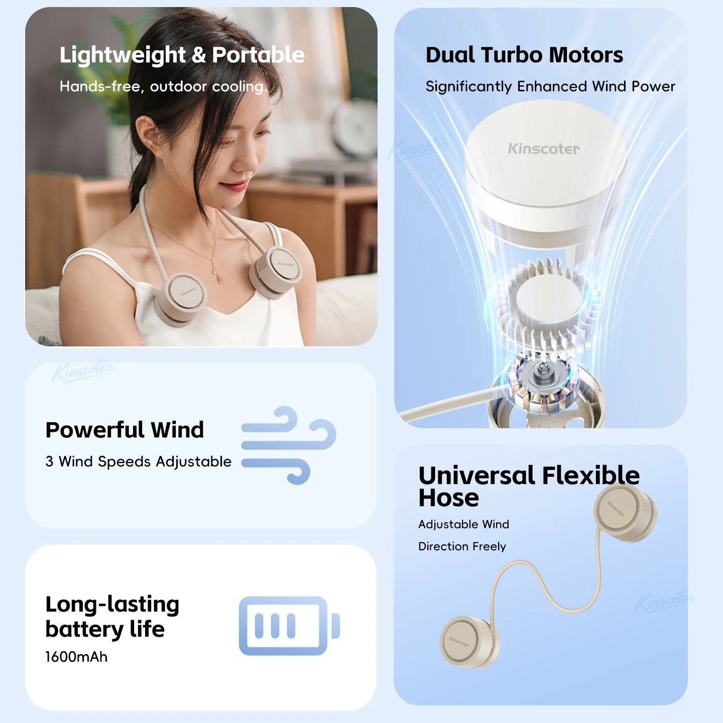New Portable Neck Fan, Foldable Mini USB Fan, Rechargeable 1600mah Cooling Wind Fans, Personal Silent Neckfan For Sports