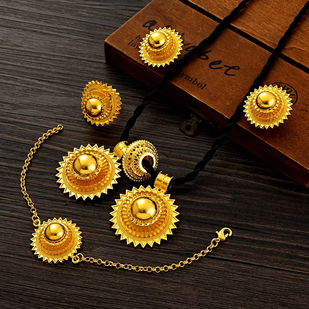 Ethiopian  Jewelry 2pcs Pendant/Necklace/Earring/Ring/Bracelet Gold Color Eritrea Set Man Women's Habesha Wedding Party Gift