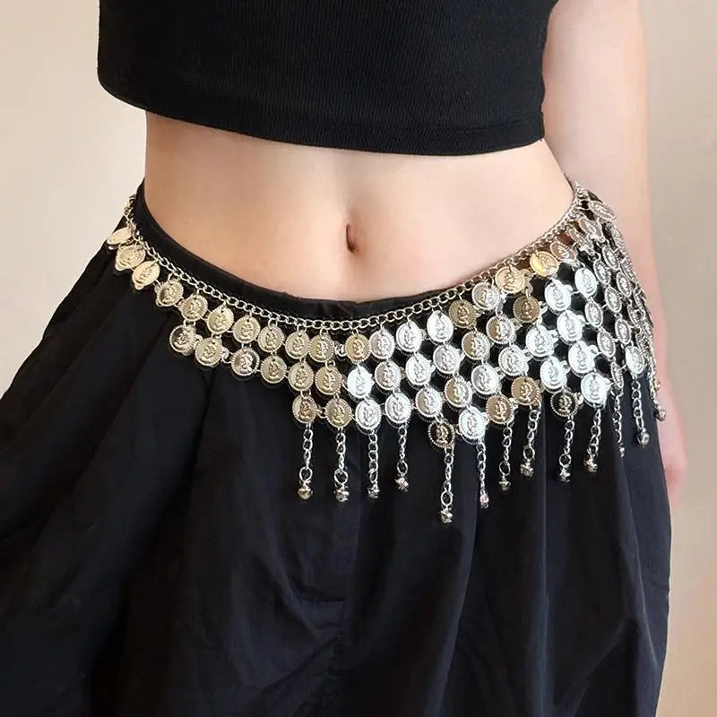 Ethnic Silver Color Bell Coins Tassel Waist Chain Belly Chain for Women Adjustable Chains Sexy Bikini Dance Dress Body Jewelry