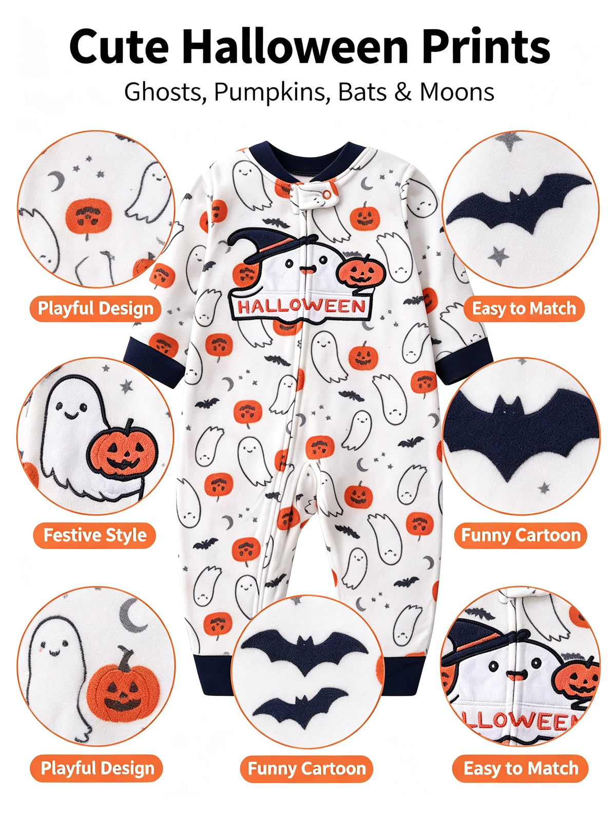 Halloween Baby Romper Polar Fleece Long Sleeve Full Zipper Infant Jumpsuit Ghost Pumpkin Print Footless Toddler Clothes 6-24M