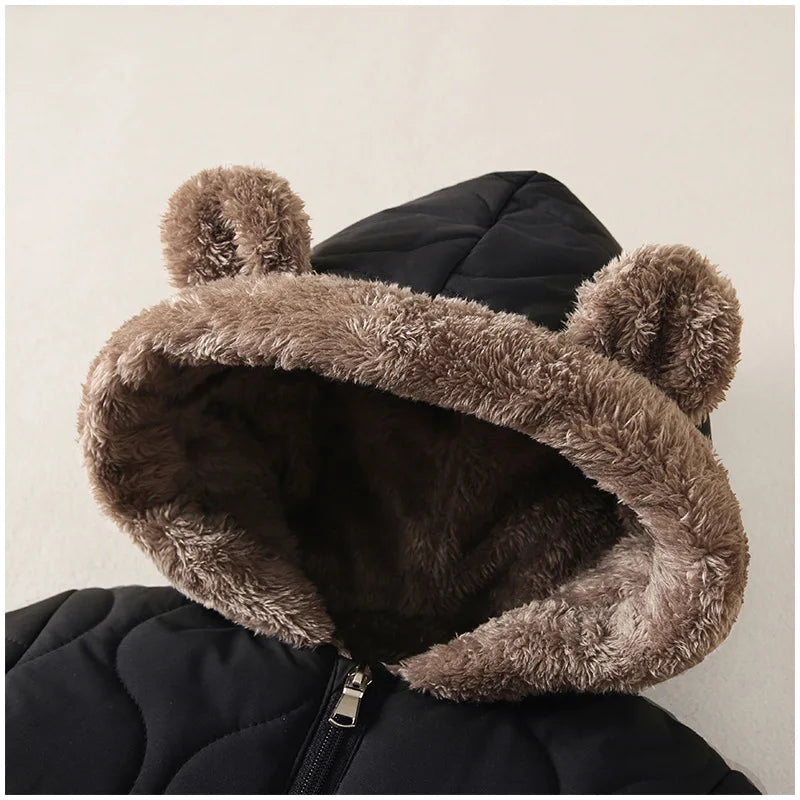 2025 Winter New Baby Boys Girls Bodysuit Solid Color Plus Velvet Thick Jumpsuits For 6M-3Y Kids Warm Hooded Rompers Snowsuit