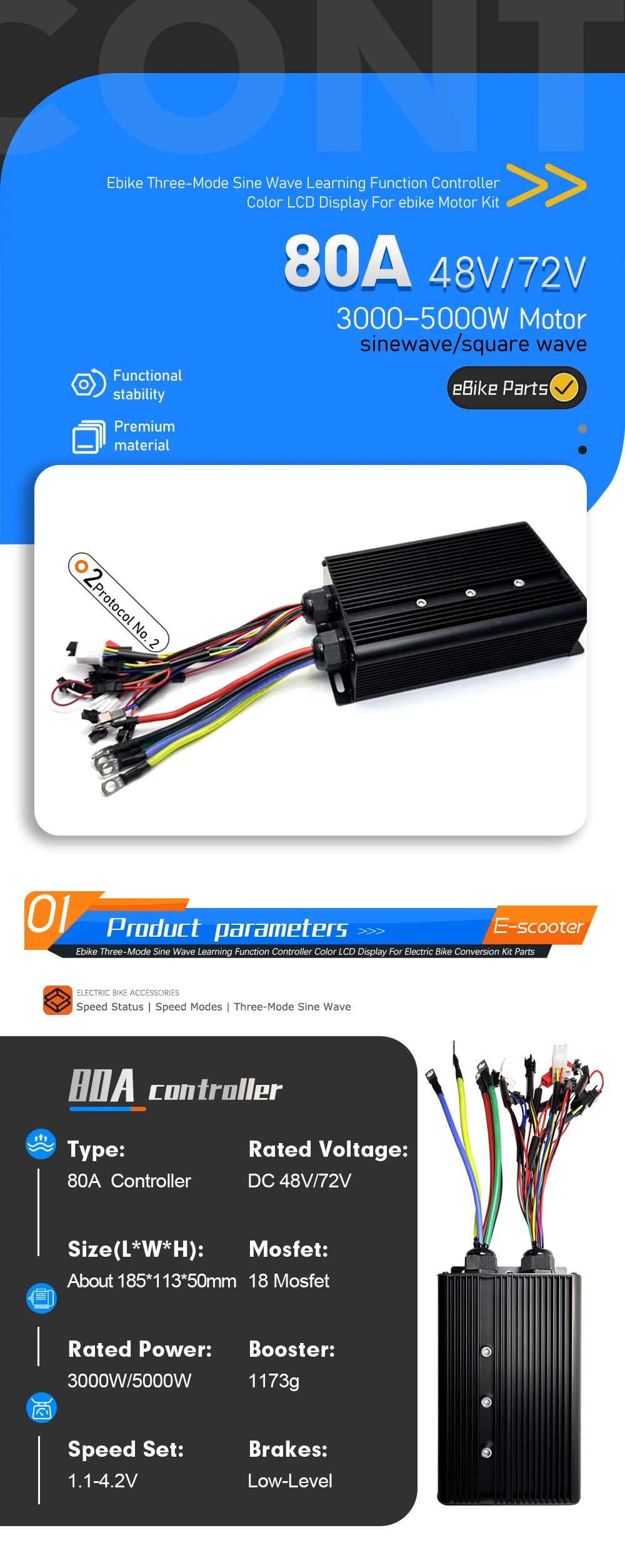 Electric Bicycle 80A BLDC Sine Wave/Square Wave 3 Mode Controller 48V72V3000W5000W Throttle PAS E-Brake Display for Ebike Scoote