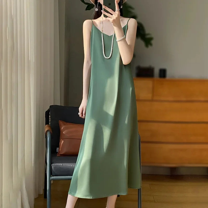 Silk V-neck Slim-fit Satin Dress Sexy Strap Long Gown for Women New 2025 Spring Summer Inner Wear Dress Elegant Lady Dress