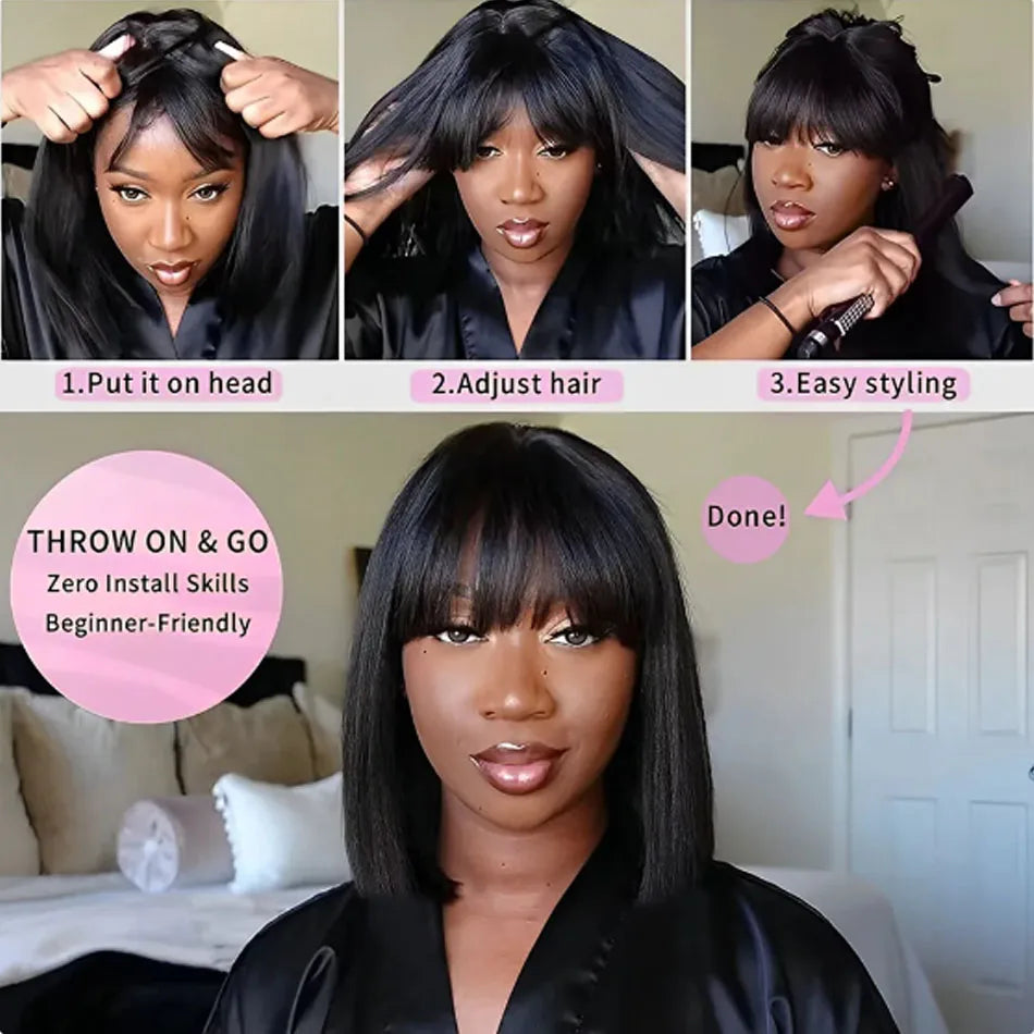 Straight Human Hair Wigs With Bangs Fringe 3X1 Part Lace Bob Wigs Realistic Scalp Brazilian Straight Virgin Bob Wigs With Bangs
