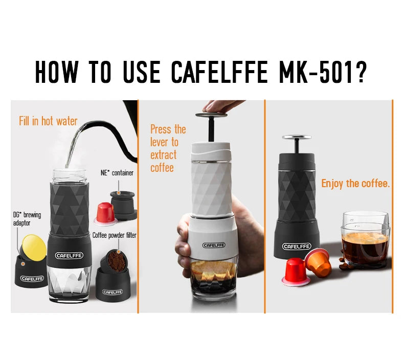 Cafelffe 3in1 Portable Coffee Machine Manual Espresso Maker For Capsule & Ground Milk Froth Hand Press Brewer hiking Travel Gif