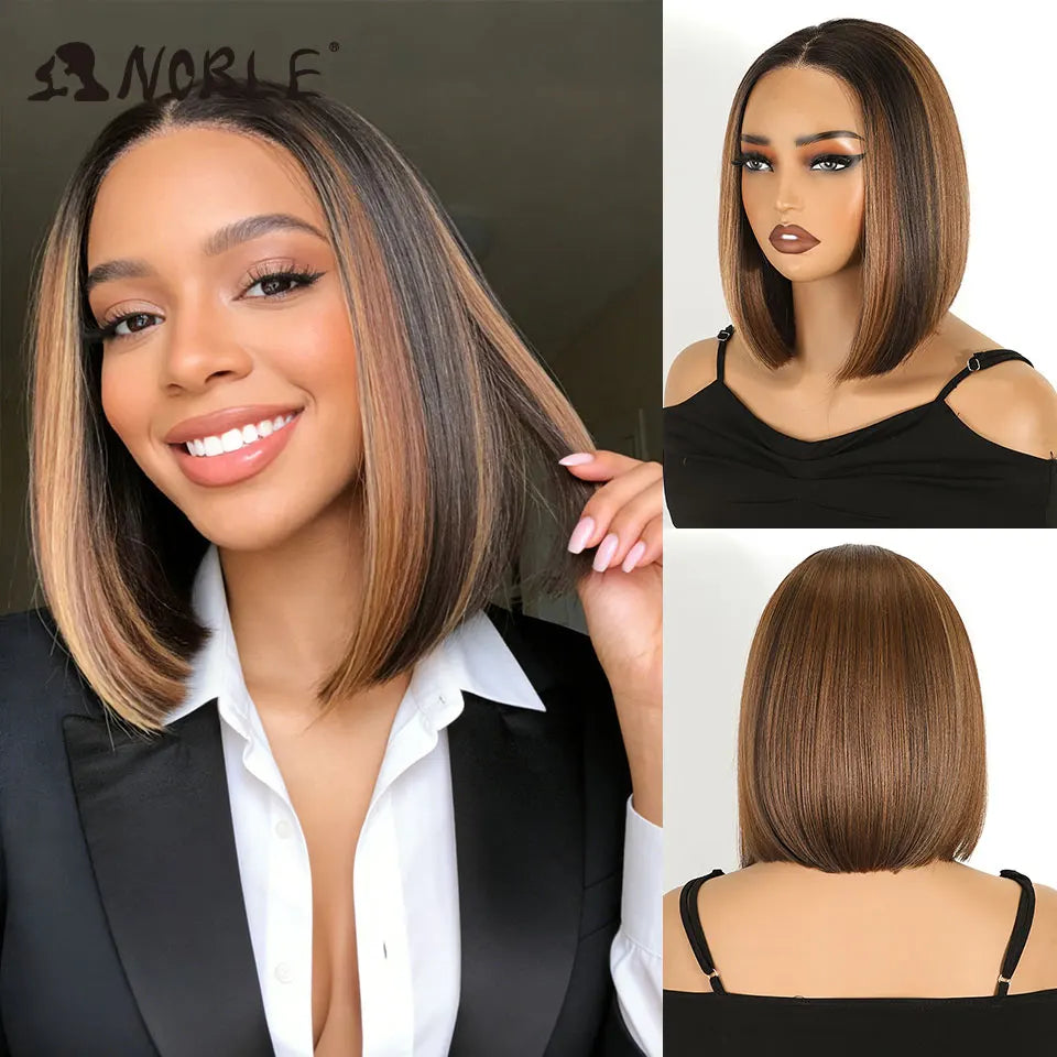 Noble Short Bob Wig Synthetic Lace Front Wig For Women 10Inch 13x3 Pre Plucked Free Part Lace Wig Ombre Brown Blonde Cosplay Wig