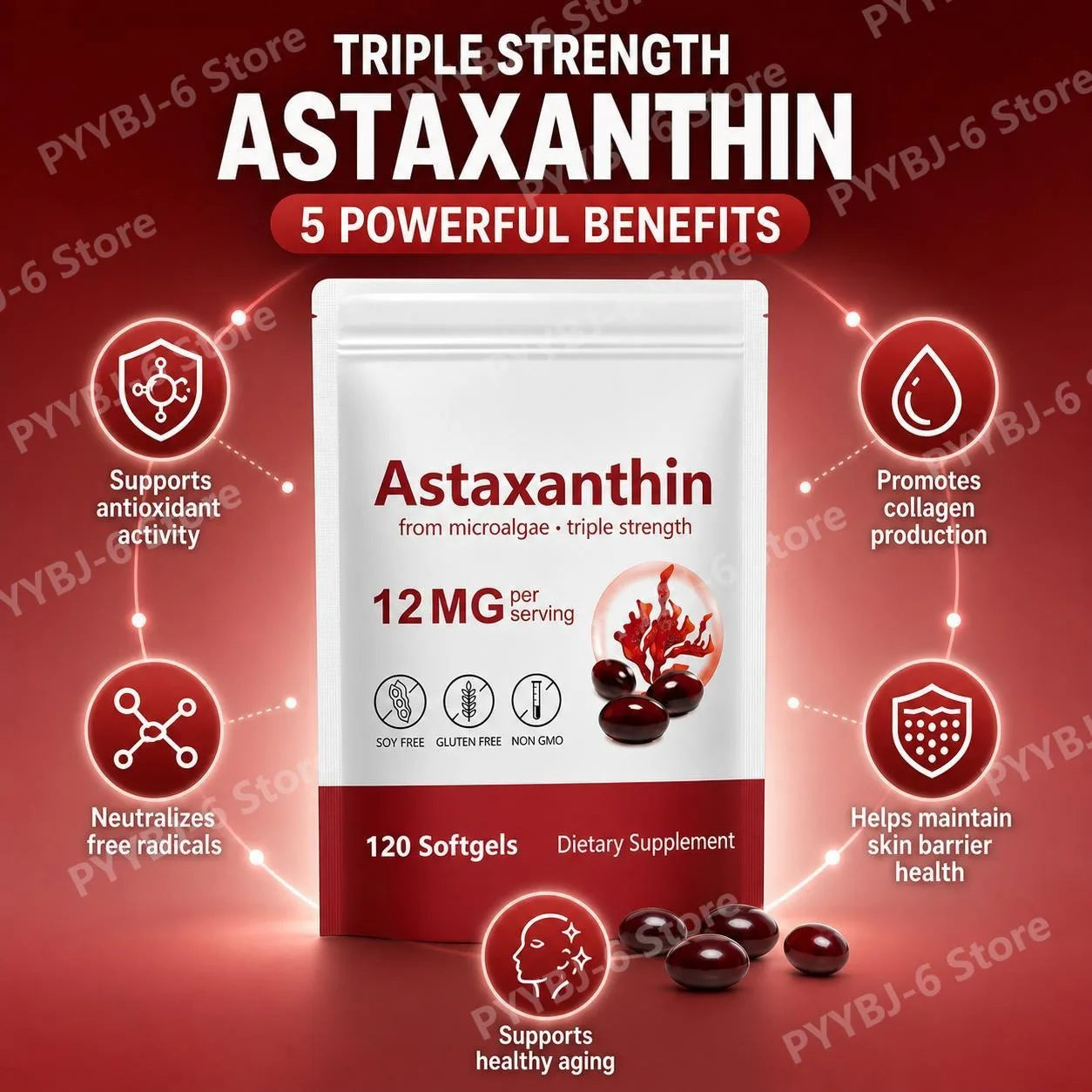 Astaxanthin Softgels Triple Strength From Microalgae Supports Healthy Aging Promotes Collagen Supports Skin Barrier 120 Softgels