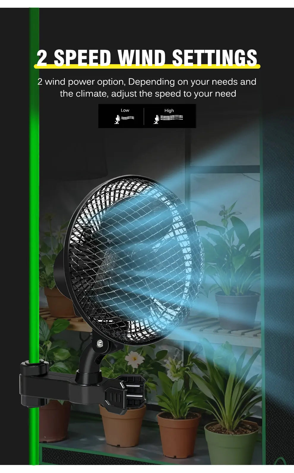 Plant Tent Cooling Clip-On Fan 25W Two-Speed Adjustable Shaking Head Suitable for Tents Household Cooling Fan