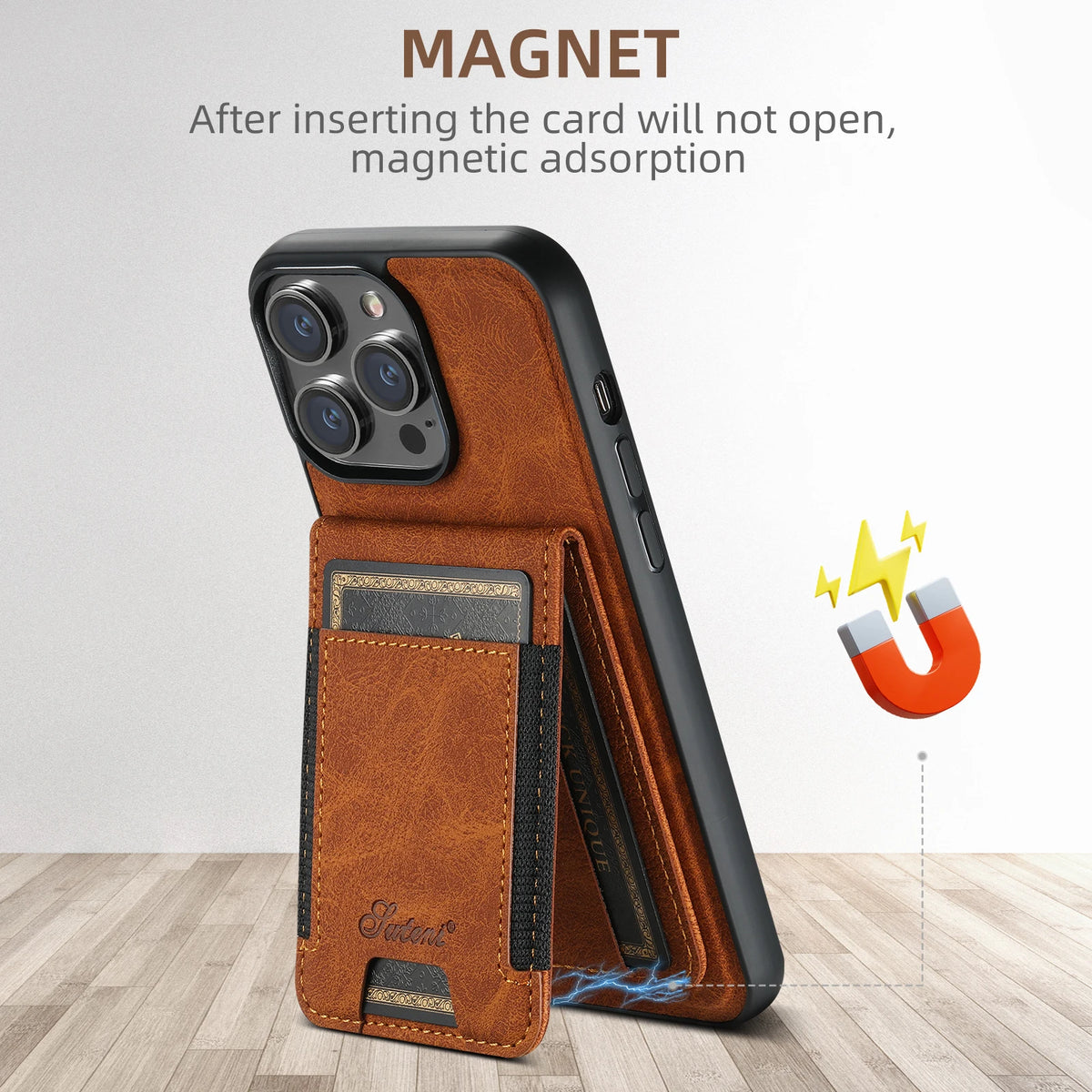 SUTENI Luxury Magsafe Leather Card Holder Phone Case Wallet Kickstand Cover For iPhone 17 16 15 14 13 12 11 Pro Plus Max