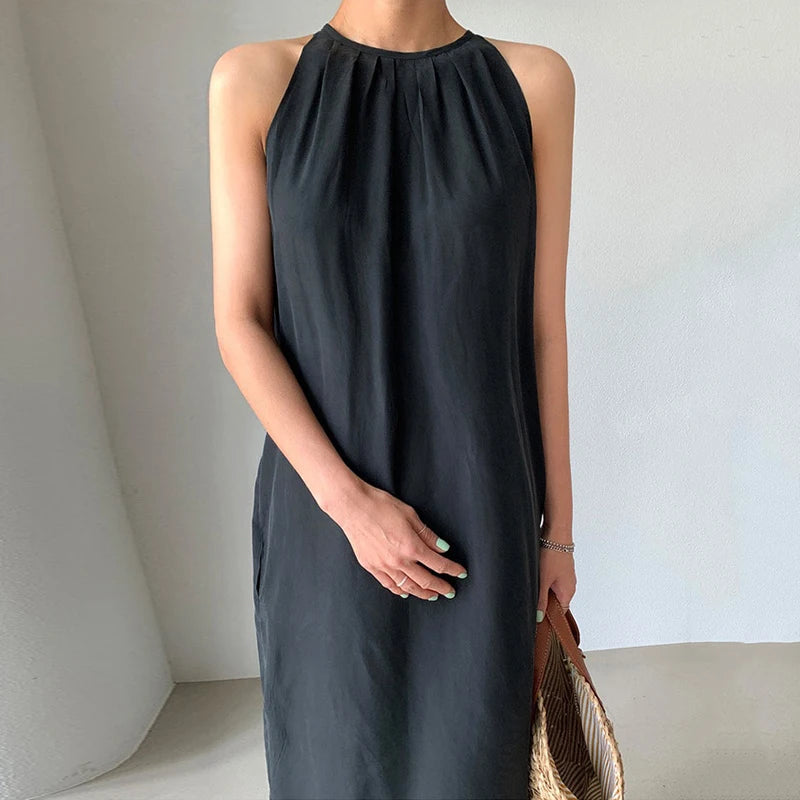 HELIAR Women Halter Strapless Sexy Dress Lace Up Waist Elegant Office Dress Holiday Beach A-line Long Dress Casual Vestidos
