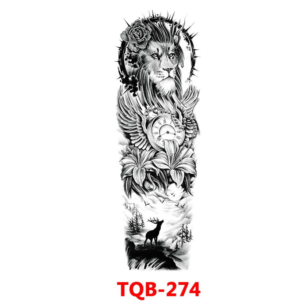 Full-arm Tattoo Stickers With The Crown Of The Virgin Of Jesus And Lion Waterproof Tattoo Stickers