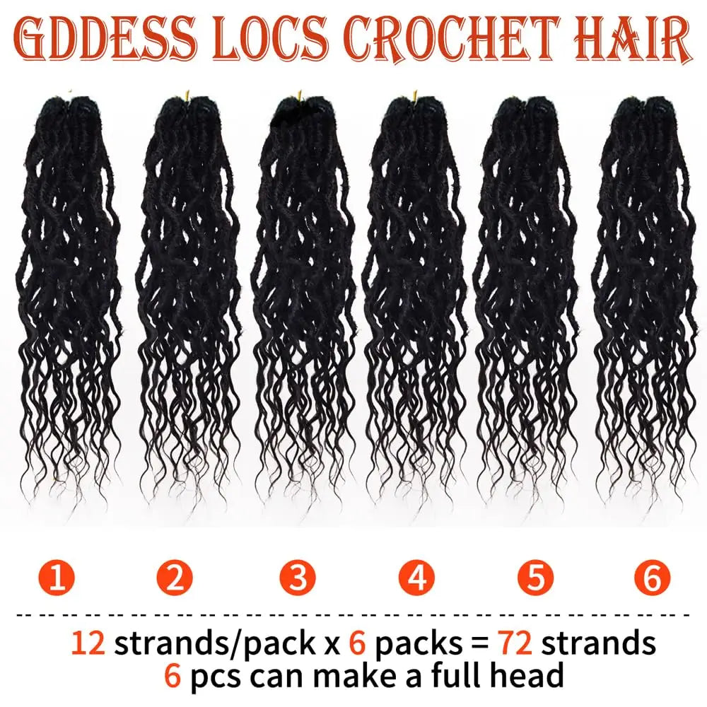 1/6Packs Goddess Locs Crochet Hair for Women,Pre Looped Crochet Braids with Wavy Curly Ends Queen Locs Synthetic Braid Extension